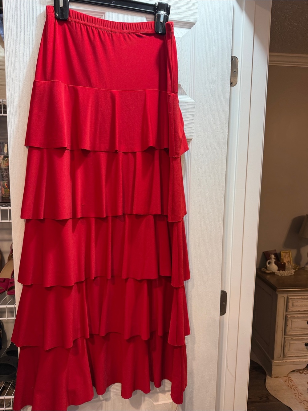 Women's Red Tiered Ruffle Maxi Skirt